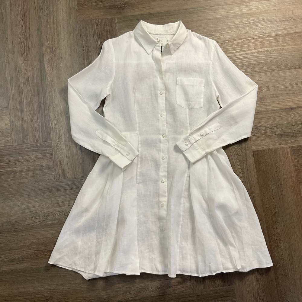 HD in Paris Anthropologie Shirt Dress 8 White Linen Button Front Fit Flare Boho